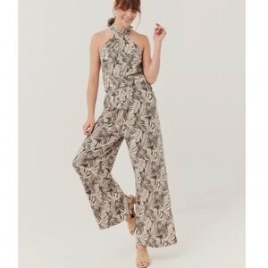 Pact Revive Halter Jumpsuit Grape Leaf Palms Black Cream Organic Cotton Size:XL